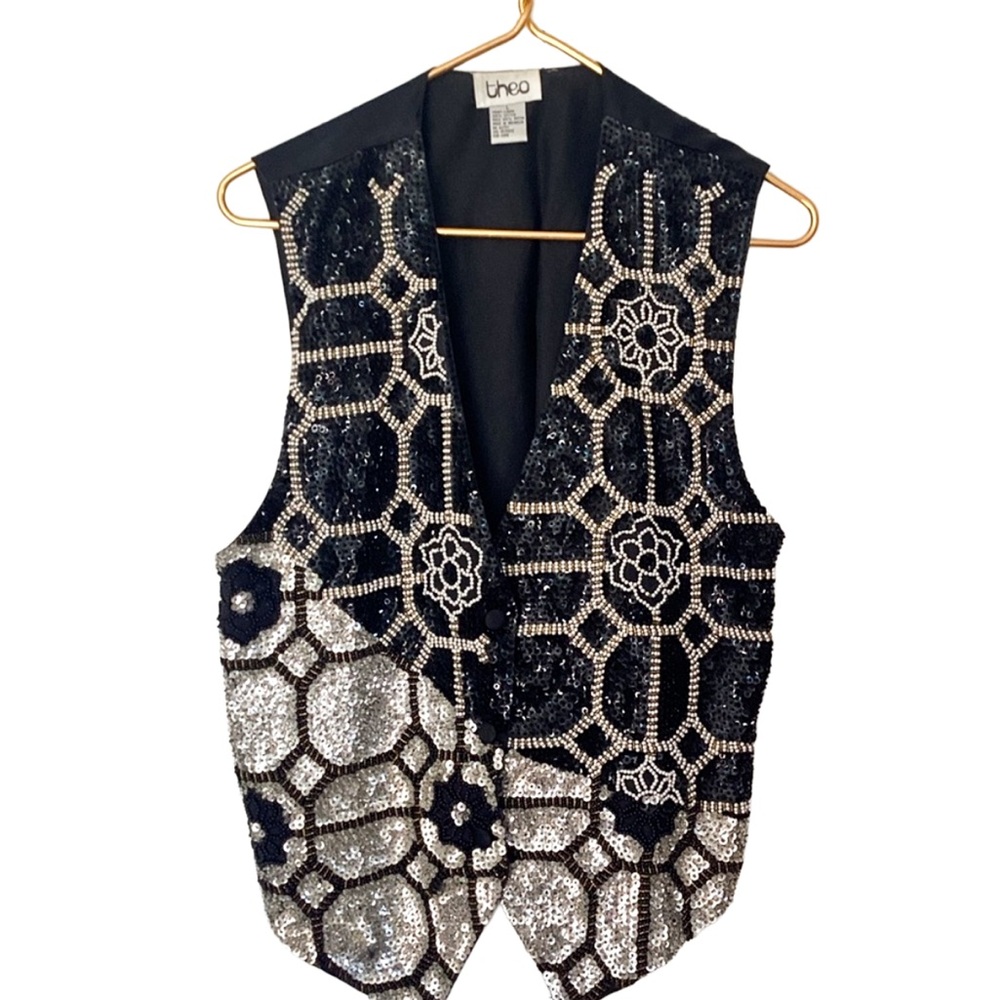 VINTAGE Theo 90’s Embellished Black and Silver Beaded Vest-Dazzling Beadwork! - Picture 1 of 15